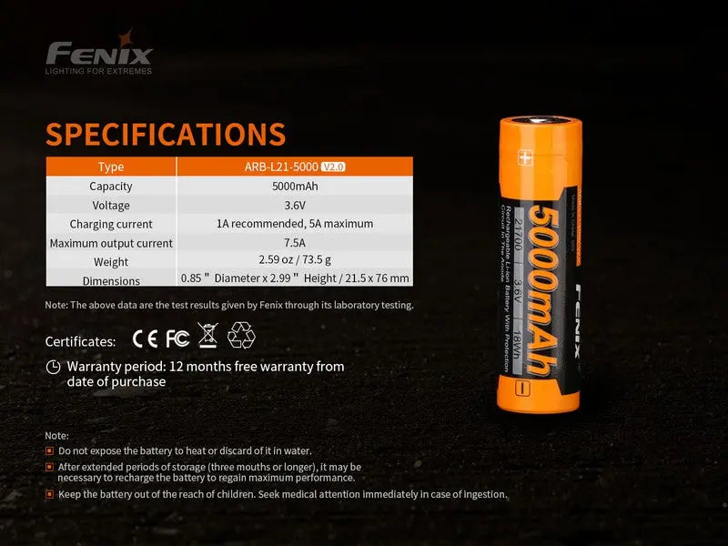 Batterie Fenix ARB-L21 5000 mAh 3.6V 21700 protégée Li-ion - V2.0 NYCTALOPE