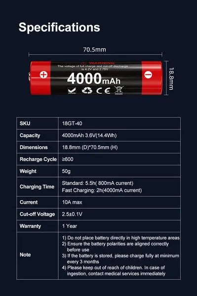 Batterie Klarus 18GT-40 18650 4000mAh protégée - autonomie prolongée NYCTALOPE
