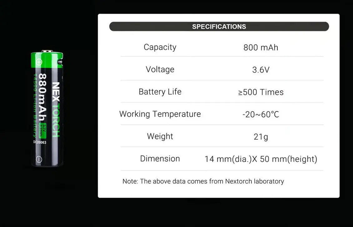 Batterie Nextorch 14500 - 880mAh - 3.7V protégée Li-ion USB-C NYCTALOPE