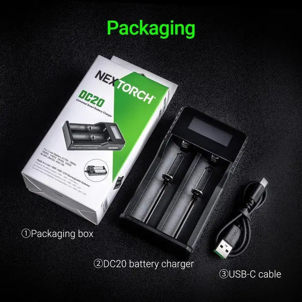 Chargeur Nextorch DC20 USB 2 baies Li-ion 21700, 18650, 18350,16340, 14500 NYCTALOPE