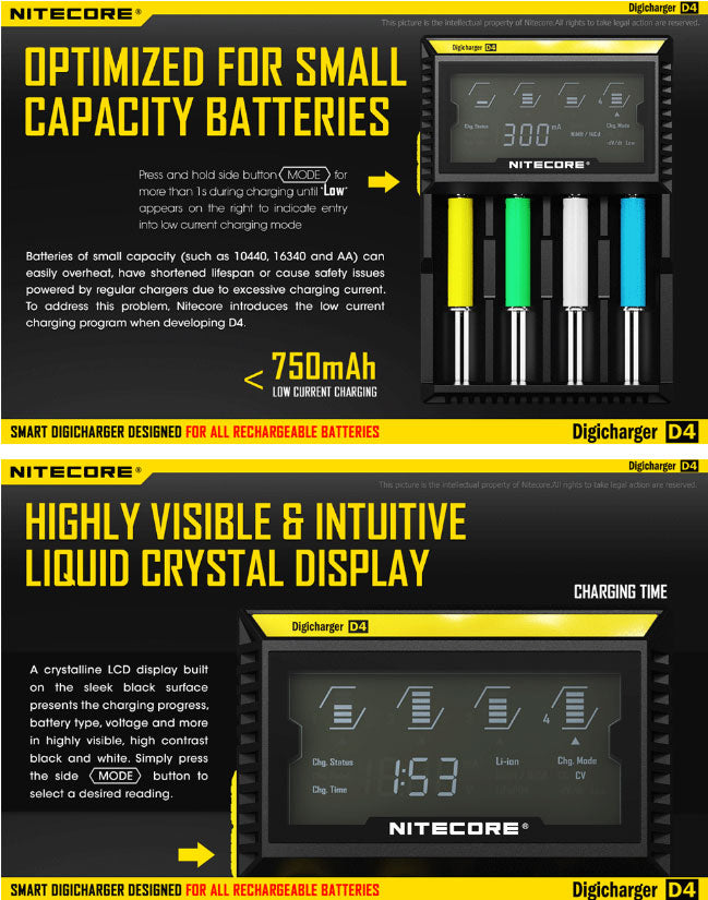 Chargeur D4 Nitecore Li-ion, IMR, Ni-MH, LiFePO4 et Ni-CD NYCTALOPE
