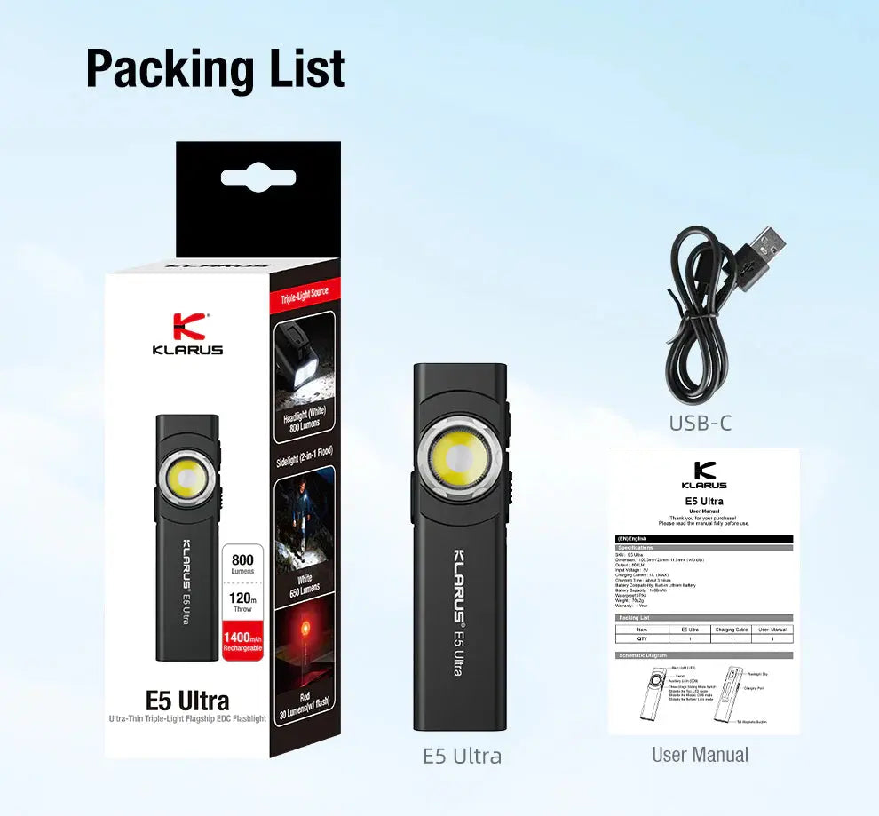 Lampe EDC ultra-fine Klarus E5 Ultra – Triple source lumineuse – 800 lumens NYCTALOPE