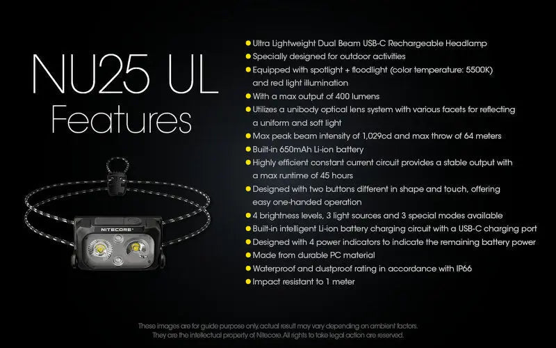 Lampe Frontale Nitecore NU25UL – 400 Lumens NYCTALOPE