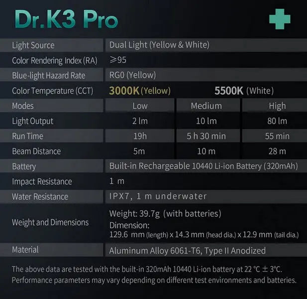 Lampe Nextorch DR K3 PRO - 80 Lumens blanc / Jaune - Lampe médicale rechargeable NYCTALOPE