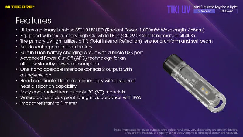 Lampe Nitecore TIKI UV – 1000mW 365nm rechargeable, pour porte-clés NYCTALOPE