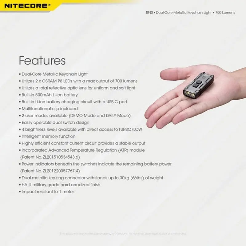 Lampe Nitecore TIP SE – 700 Lumens - Rechargeable USB-C - NYCTALOPE