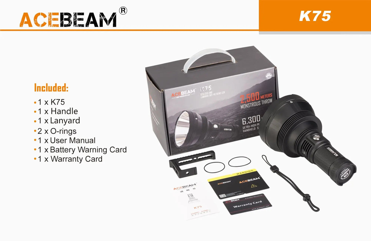 Lampe Torche Acebeam K75 – 6300 Lumens – Portée 2500 mètres NYCTALOPE