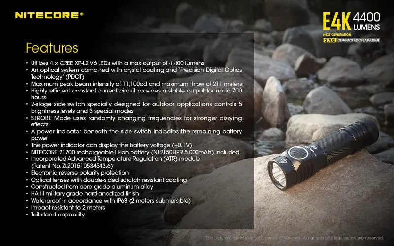Lampe de poche Nitecore E4K - 4400 Lumens NYCTALOPE