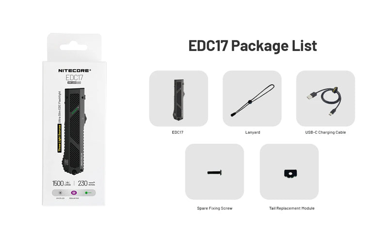 Lampe Torche Nitecore EDC17 - 1500 Lumens - LED Blanche + UV + Laser Vert - Design Plat Rechargeable USB-C NYCTALOPE