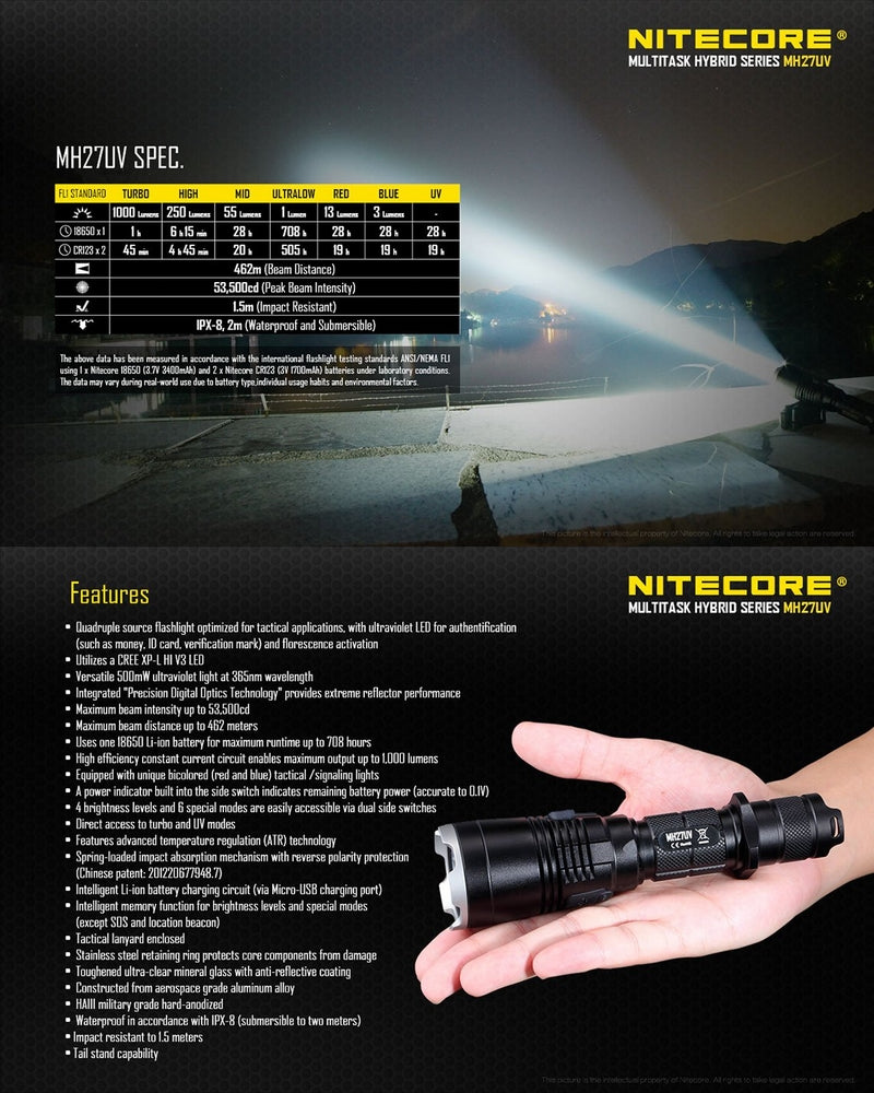 Lampe Torche Nitecore MH27UV – 1000 Lumens NYCTALOPE