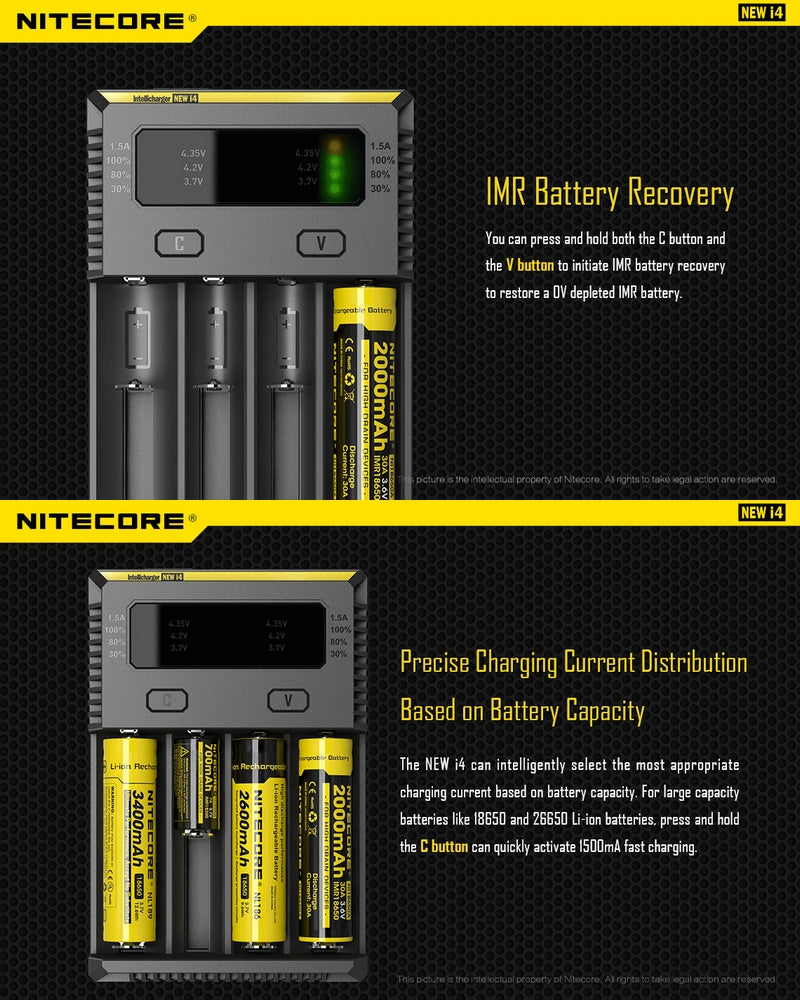 Chargeur Nitecore NEW i4 pour batterie Li-ion, IMR, LiFePO4, Ni-MH et Ni-Cd NYCTALOPE
