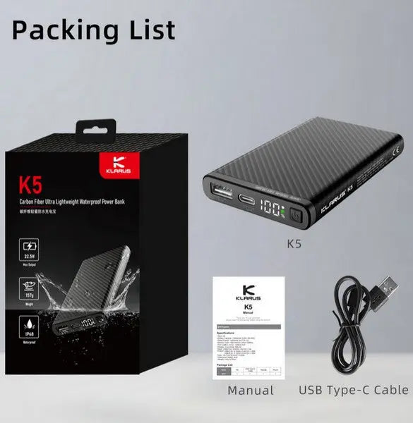Powerbank batterie Klarus K5 - 10 000 mAh Ultraléger Fibre de Carbone NYCTALOPE