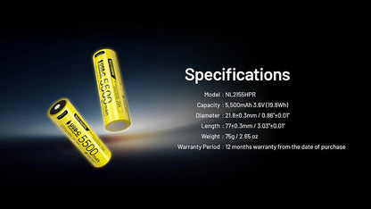 Batterie Nitecore NL2155HPR 5500mAh 3.6V li-ion protégée Haute Performance - port USB-C  NYCTALOPE  