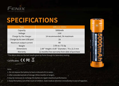 Batterie Fenix 21700 rechargeable – 5000 mAh 3.6V protégée Li-ion  NYCTALOPE  