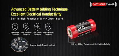 Batterie Klarus 16GT-85UR - 850mAh 3.7V protégée Li-ion, rechargeable en USB-C  NYCTALOPE  