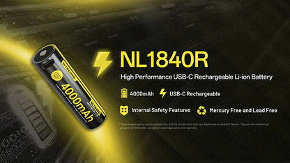 Batterie Li-ion Nitecore NL1840R 4000mAh 18650 Rechargeable - USB-C Intégré - Haute Densité Énergétique