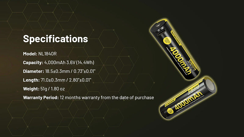 Batterie Li-ion Nitecore NL1840R 4000mAh 18650 Rechargeable - USB-C Intégré - Haute Densité Énergétique