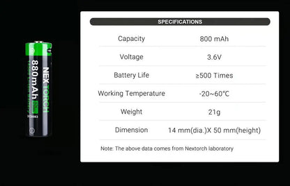 Batterie Nextorch 14500 - 880mAh - 3.7V protégée Li-ion USB-C  NYCTALOPE  