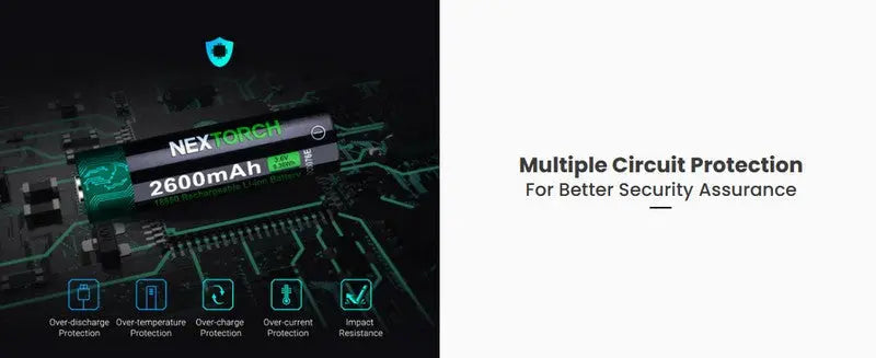 Batterie Nextorch 18650 - 2600mAh 3.6V protégée Li-ion USB-C  NYCTALOPE  
