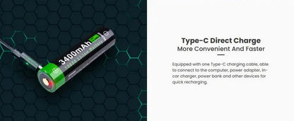 Batterie Nextorch 18650 - 3400mAh 3.6V protégée Li-ion USB-C - NYCTALOPE