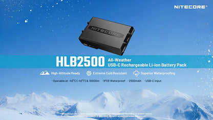 Batterie Li-ion Nitecore HLB2500 2500mAh - Basses Températures -40°C - USB-C - Pour HA27UHE/HA29UHE