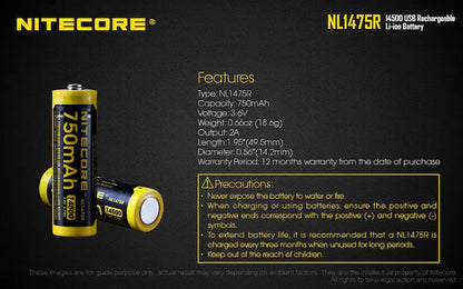Batterie Nitecore NL1475R rechargeable - 750mAh - 3.6V protégée Li-ion  NYCTALOPE  