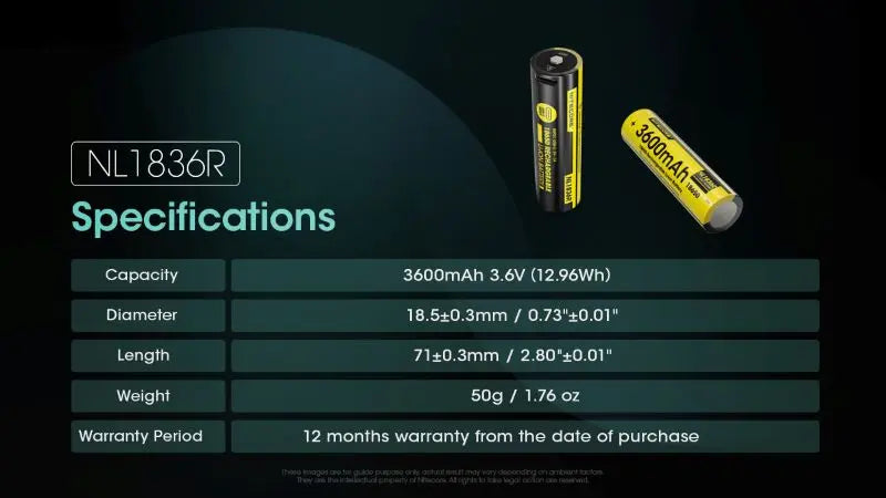 Batterie Nitecore NL1836R 18650 Rechargeable – 3600mAh 3.6V protégée Li-ion  NYCTALOPE  