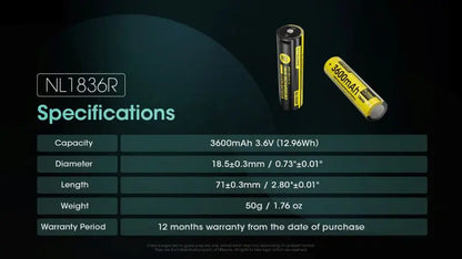 Batterie Nitecore NL1836R 18650 Rechargeable – 3600mAh 3.6V protégée Li-ion  NYCTALOPE  