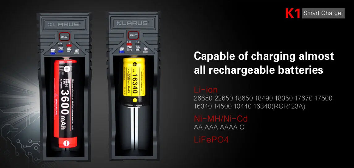 Chargeur Klarus K1 USB 1 baie 18650 Li-ion, Ni-MH, Ni-Cd et LiFePO4 - NYCTALOPE