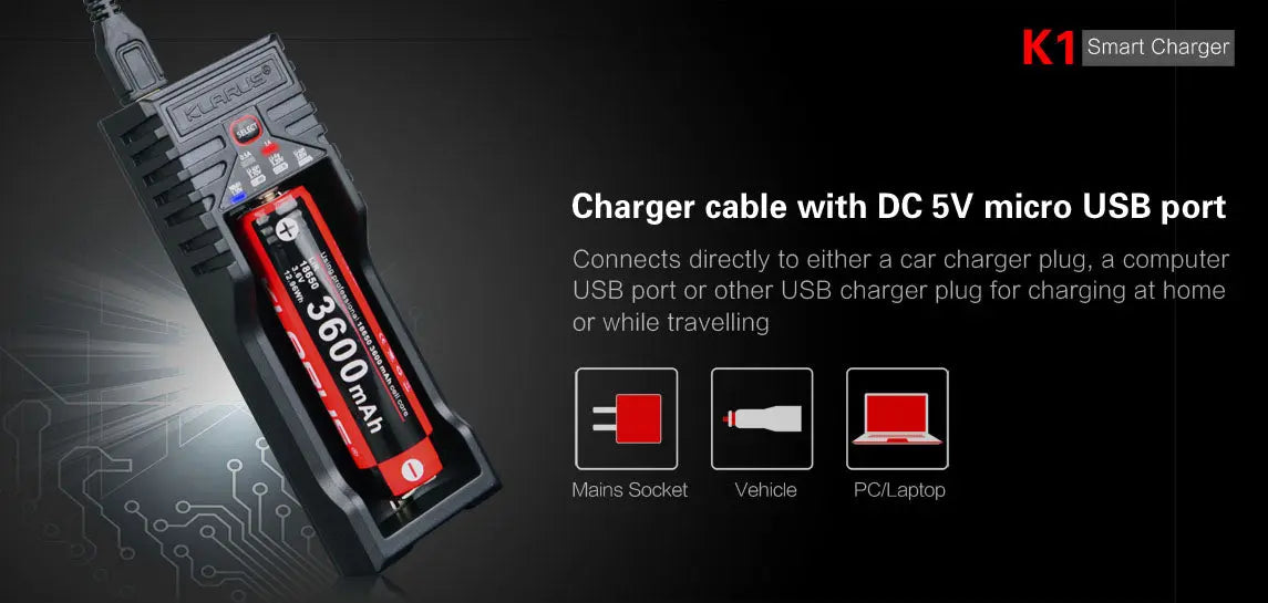 Chargeur Klarus K1 USB 1 baie 18650 Li-ion, Ni-MH, Ni-Cd et LiFePO4 - NYCTALOPE