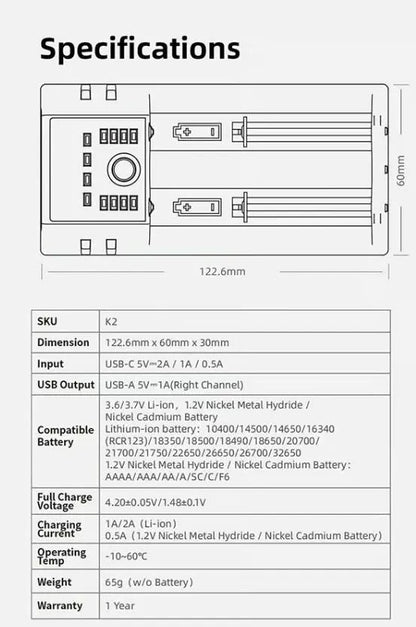 Chargeur Klarus K2 USB, 2 baies Powerbank Li-ion, Ni-MH, Ni-Cd et LiFePO4 Klarus