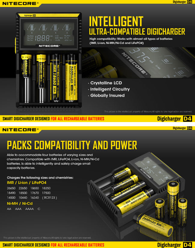 Chargeur D4 Nitecore Li-ion, IMR, Ni-MH, LiFePO4 et Ni-CD  NYCTALOPE  