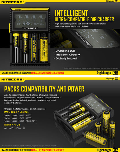 Chargeur D4 Nitecore Li-ion, IMR, Ni-MH, LiFePO4 et Ni-CD  NYCTALOPE  