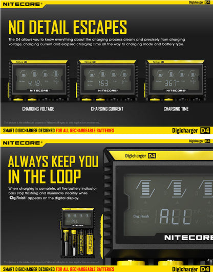 Chargeur D4 Nitecore Li-ion, IMR, Ni-MH, LiFePO4 et Ni-CD  NYCTALOPE  