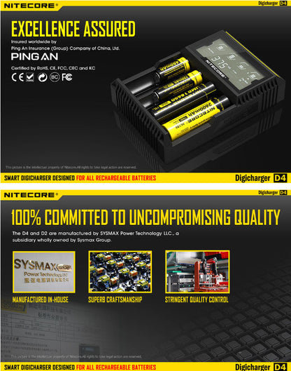 Chargeur D4 Nitecore Li-ion, IMR, Ni-MH, LiFePO4 et Ni-CD  NYCTALOPE  