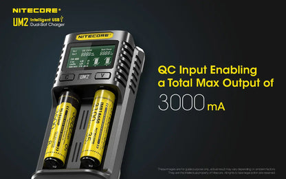Chargeur Nitecore Intelligent USB UM2 pour batteries Li-ion, IMR, LifePO4, Ni-MH, Ni-Cd  NYCTALOPE  