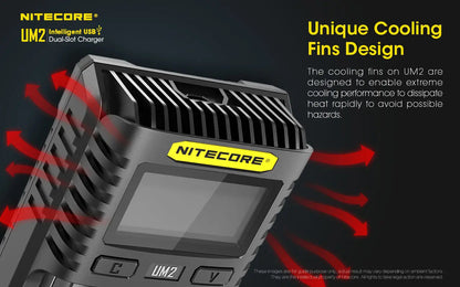 Chargeur Nitecore Intelligent USB UM2 pour batteries Li-ion, IMR, LifePO4, Ni-MH, Ni-Cd  NYCTALOPE  