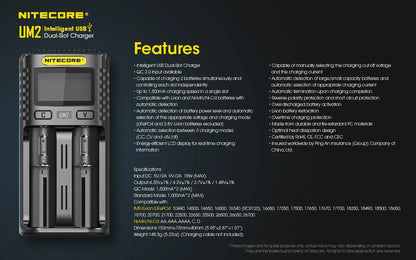Chargeur Nitecore Intelligent USB UM2 pour batteries Li-ion, IMR, LifePO4, Ni-MH, Ni-Cd  NYCTALOPE  