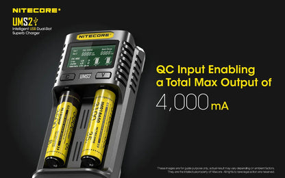Chargeur Nitecore UMS2 pour batteries li-ion, IMR, LiFePO4, Ni-MH, Ni-Cd  NYCTALOPE  