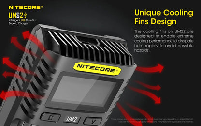 Chargeur Nitecore UMS2 pour batteries li-ion, IMR, LiFePO4, Ni-MH, Ni-Cd  NYCTALOPE  