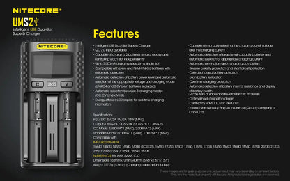 Chargeur Nitecore UMS2 pour batteries li-ion, IMR, LiFePO4, Ni-MH, Ni-Cd  NYCTALOPE  