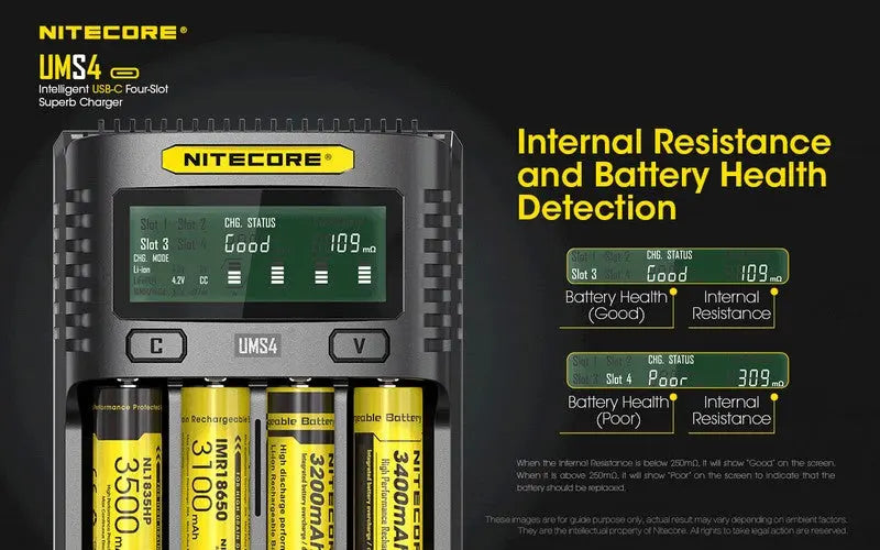 Chargeur Nitecore UMS4 pour batteries li-ion, IMR, LiFePO4, Ni-MH, Ni-Cd  NYCTALOPE  