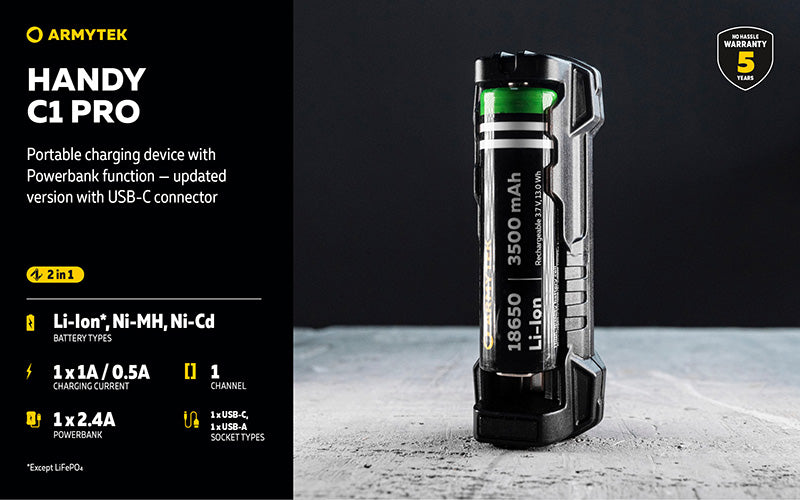 Chargeur Universel Armytek Handy C1 Pro USB-C - 2 en 1 - Powerbank - Li-Ion et Ni-MH