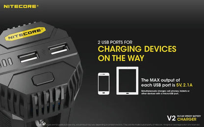 Chargeur de voiture Nitecore V2 pour batteries Li-ion/IMR  NYCTALOPE  