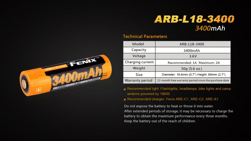 Batterie Fenix 18650 – 3400 mAh 3.6V protégée Li-ion  NYCTALOPE  