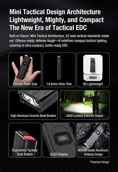 Lampe Torche FlatTac Klarus X2 - 3000Lumens rechargeable USB-C - Ultra fine  NYCTALOPE  