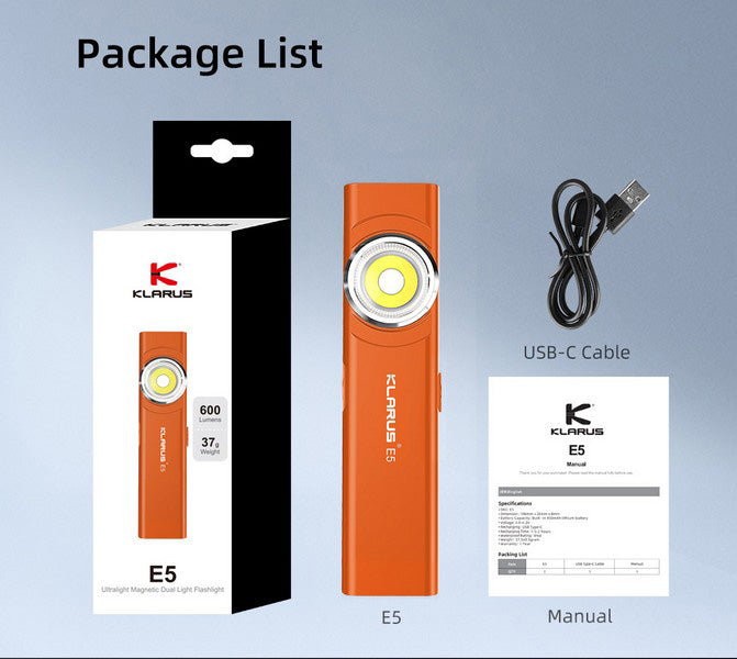 Lampe de poche de travail Klarus E5 - 600 Lumens - NYCTALOPE
