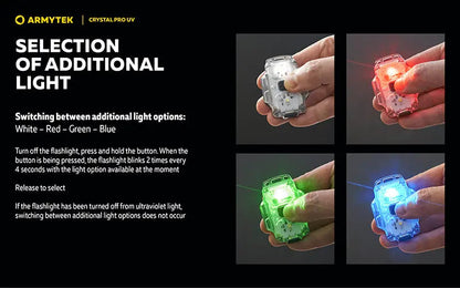 Lampe Frontale Armytek Crystal PRO UV – 200 Lumens - Lumière Blanche/Rouge/Verte/Bleu/UV  NYCTALOPE  