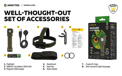Lampe Frontale Armytek Wizard C2 PRO OLIVE Magnet USB 2500 Lumens  NYCTALOPE  