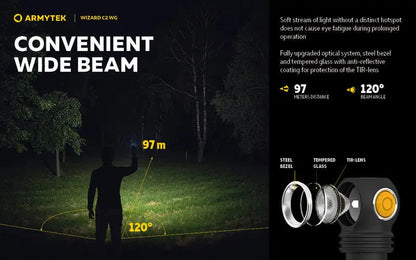 Lampe Frontale Armytek Wizard C2 WG – 1020 Lumens Warm / 400 Lumens Vert  NYCTALOPE  